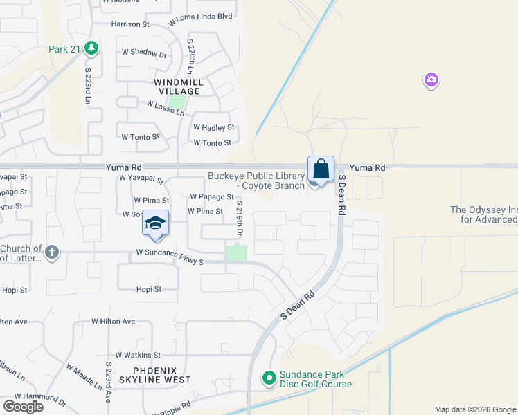 map of restaurants, bars, coffee shops, grocery stores, and more near 21876 West Pima Street in Buckeye