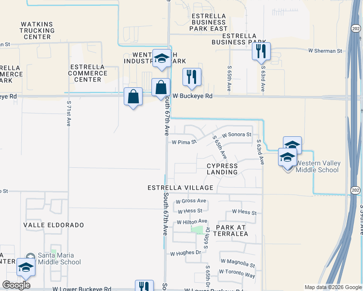 map of restaurants, bars, coffee shops, grocery stores, and more near 6637 West Pima Street in Phoenix