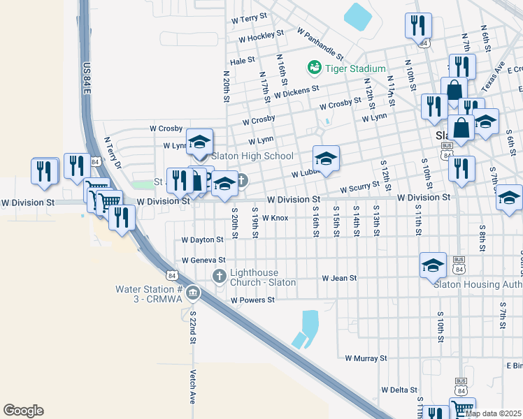 map of restaurants, bars, coffee shops, grocery stores, and more near 630 South 19th Street in Slaton
