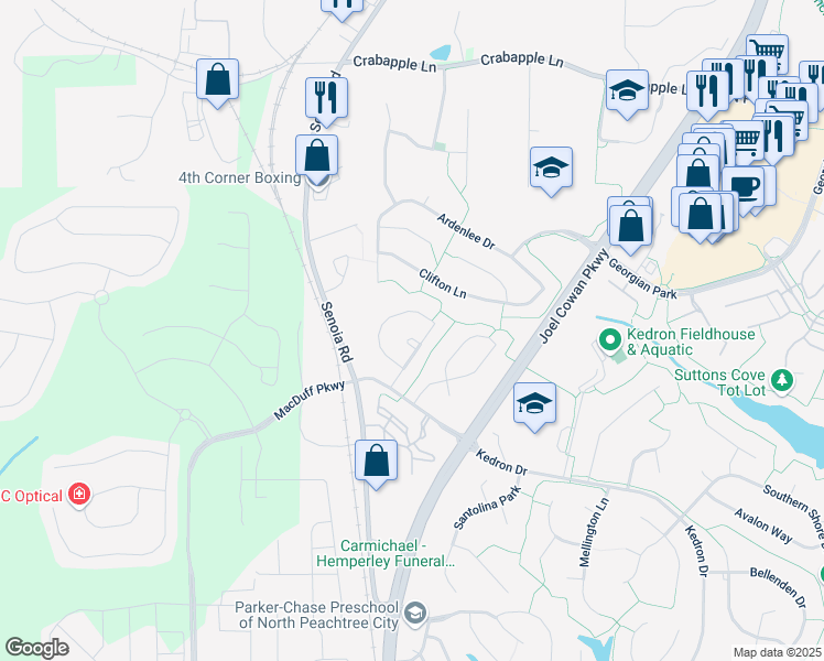 map of restaurants, bars, coffee shops, grocery stores, and more near 202 Belvedere Green in Peachtree City
