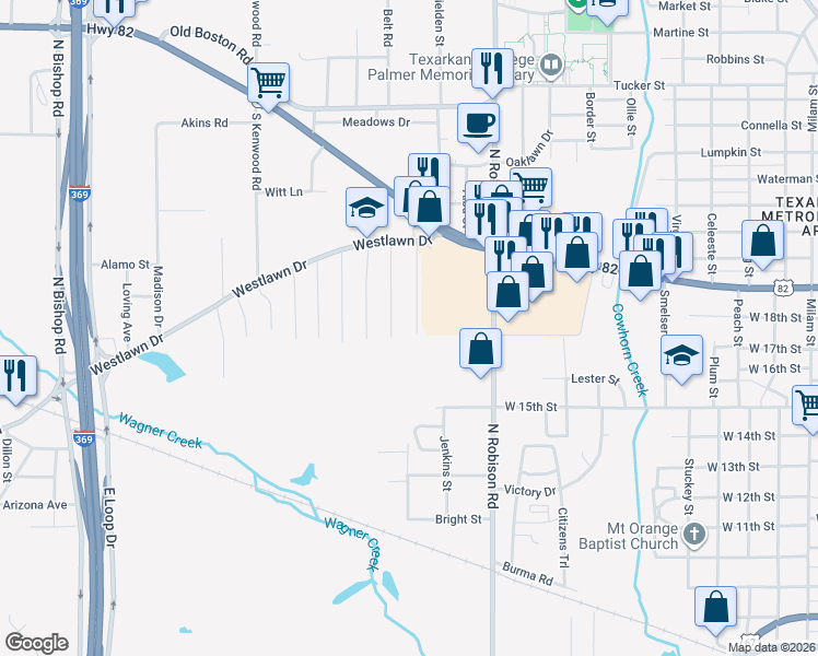 map of restaurants, bars, coffee shops, grocery stores, and more near 405 Arlington Street in Texarkana