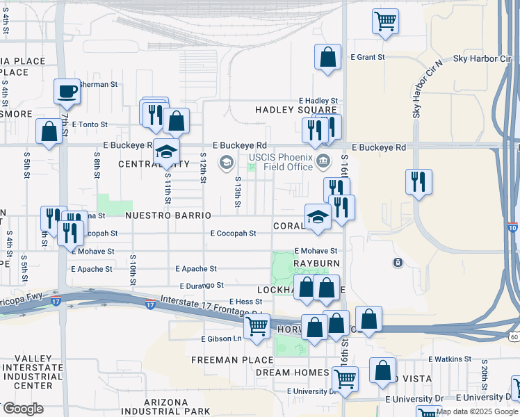 map of restaurants, bars, coffee shops, grocery stores, and more near 1441 South 13th Place in Phoenix