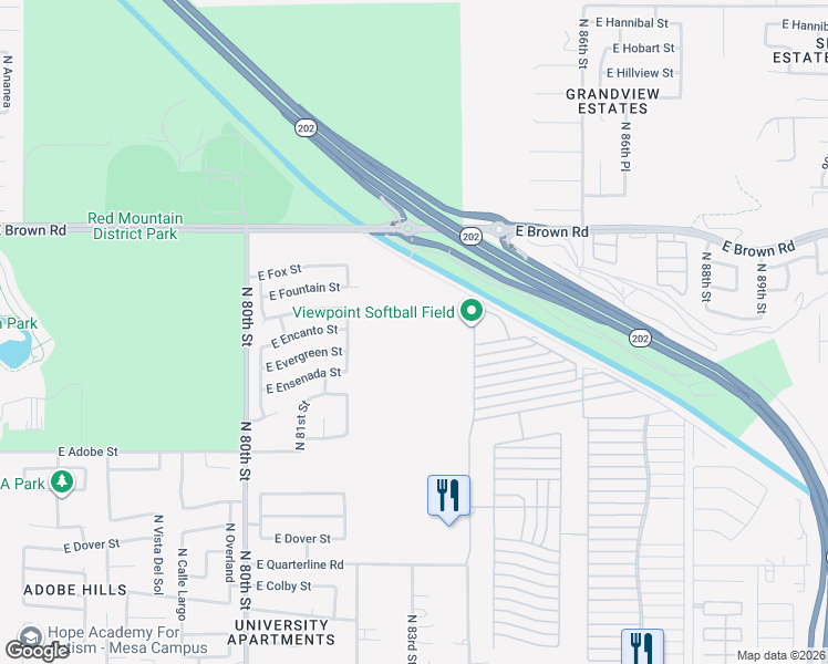 map of restaurants, bars, coffee shops, grocery stores, and more near 650 North Hawes Road in Mesa