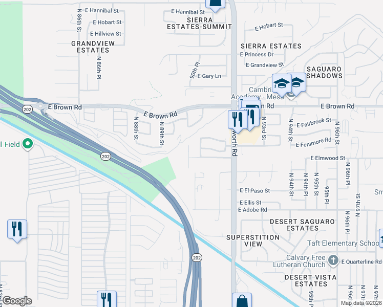 map of restaurants, bars, coffee shops, grocery stores, and more near 1007 North 90th Circle in Mesa