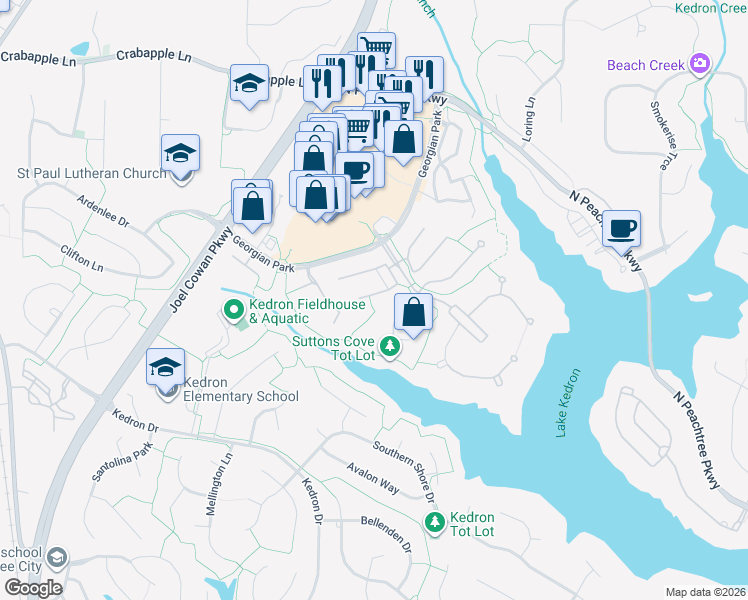 map of restaurants, bars, coffee shops, grocery stores, and more near 211 Albemarle Lane in Peachtree City