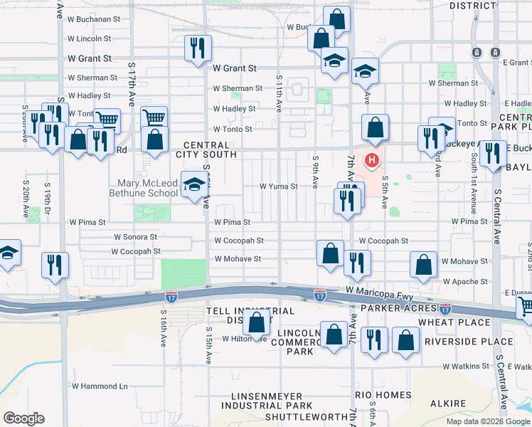 map of restaurants, bars, coffee shops, grocery stores, and more near 1437 South 12th Avenue in Phoenix