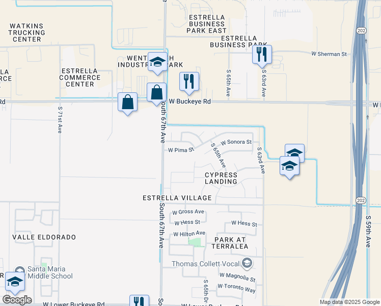 map of restaurants, bars, coffee shops, grocery stores, and more near 6601 West Pima Street in Phoenix