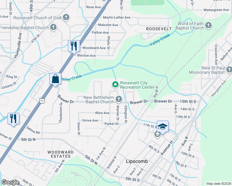 map of restaurants, bars, coffee shops, grocery stores, and more near 5904 Warner Street in Birmingham