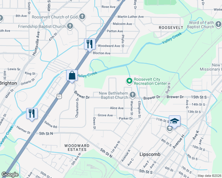map of restaurants, bars, coffee shops, grocery stores, and more near 110 Houston Dr in Bessemer