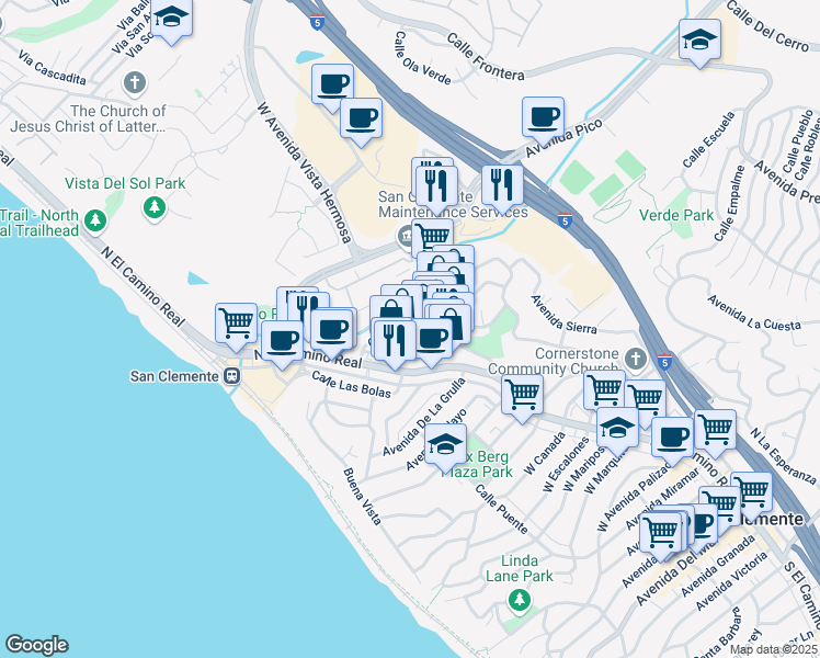 map of restaurants, bars, coffee shops, grocery stores, and more near 1519 Calle Valle in San Clemente