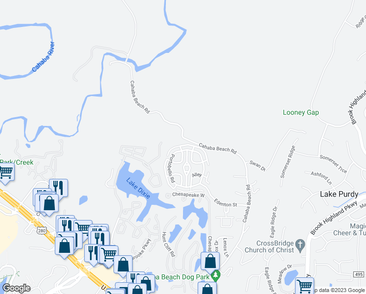 map of restaurants, bars, coffee shops, grocery stores, and more near 35199 Portobello Road in Birmingham