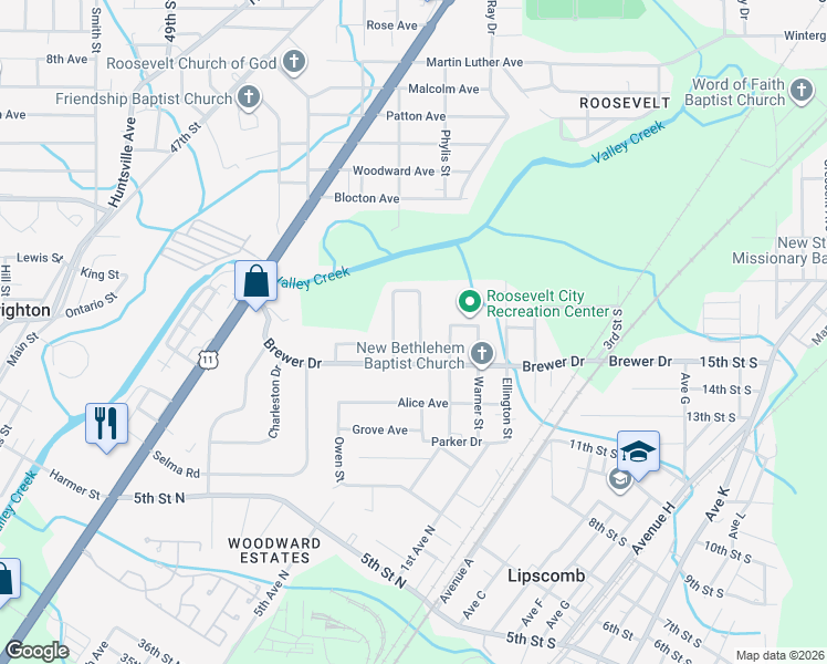 map of restaurants, bars, coffee shops, grocery stores, and more near 110 Houston Drive in Bessemer