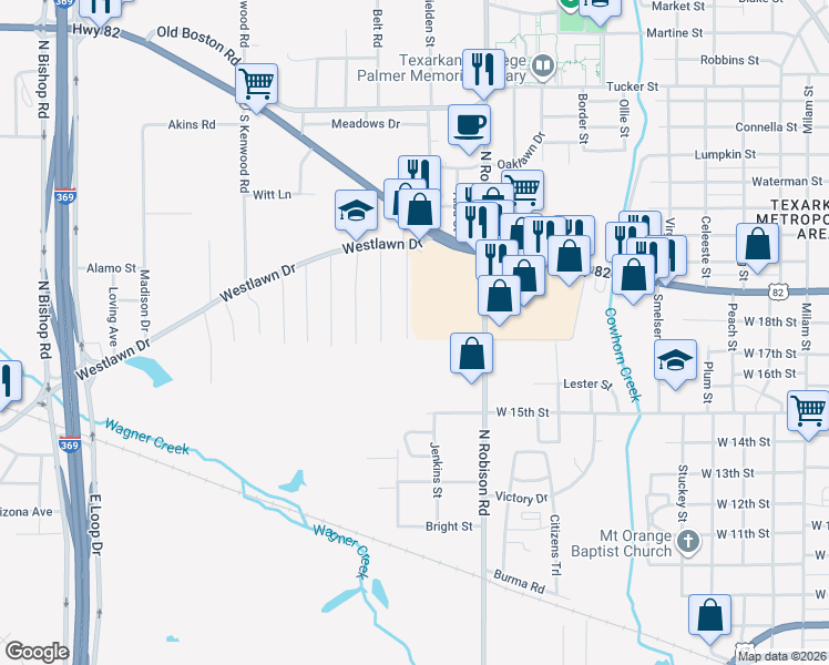 map of restaurants, bars, coffee shops, grocery stores, and more near 405 Arlington Street in Texarkana