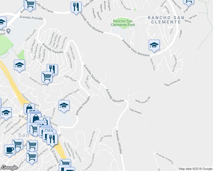 map of restaurants, bars, coffee shops, grocery stores, and more near 405 Avenida Salvador in San Clemente