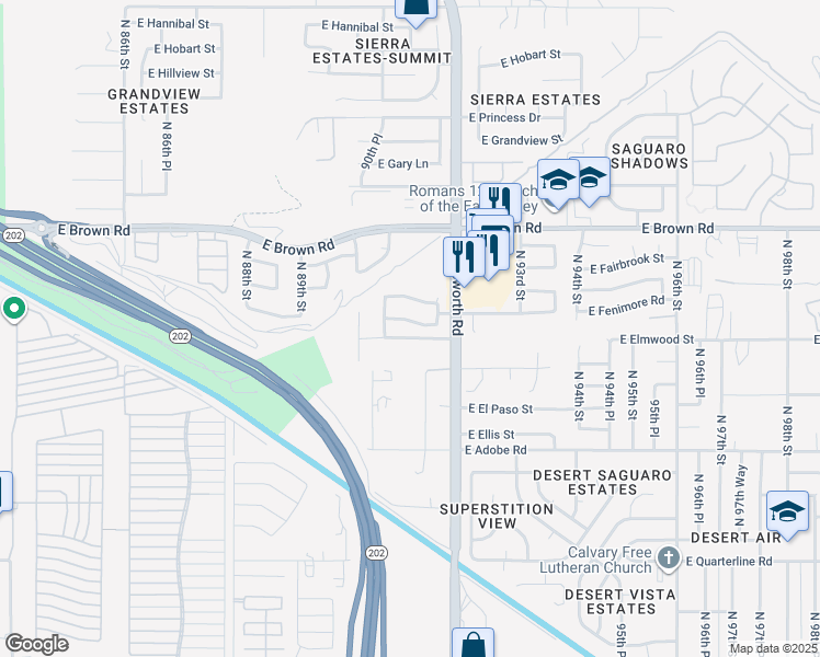 map of restaurants, bars, coffee shops, grocery stores, and more near 9115 E Encanto St in Mesa