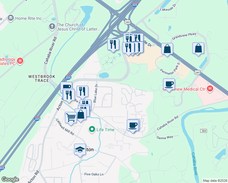 map of restaurants, bars, coffee shops, grocery stores, and more near 4545 Pine Tree Circle in Vestavia Hills