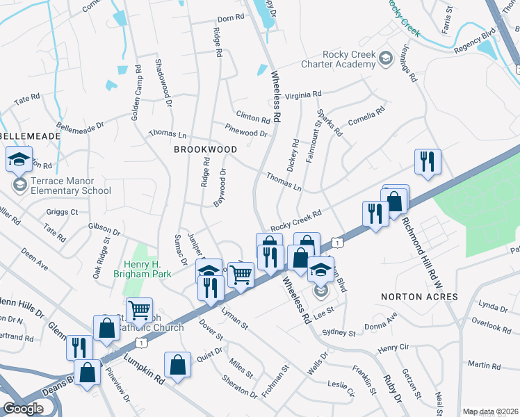 map of restaurants, bars, coffee shops, grocery stores, and more near 2430 Wheeless Road in Augusta