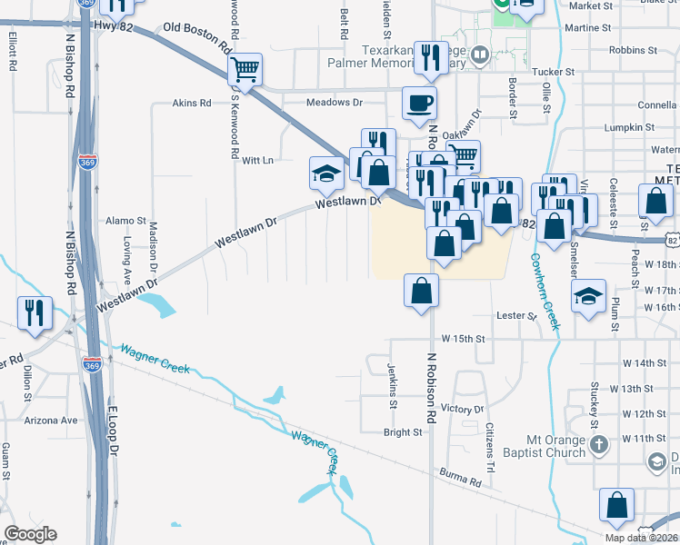 map of restaurants, bars, coffee shops, grocery stores, and more near 416 Crestview Street in Texarkana