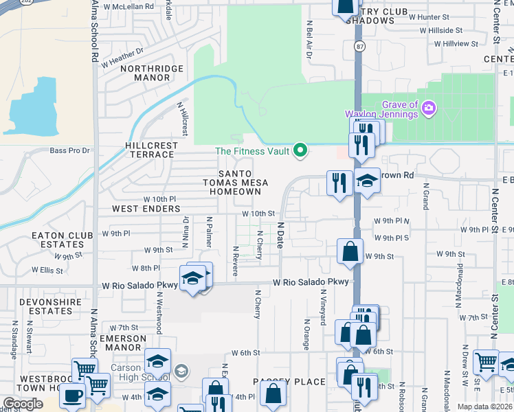 map of restaurants, bars, coffee shops, grocery stores, and more near 1005 North Cherry in Mesa