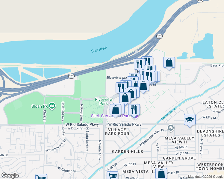 map of restaurants, bars, coffee shops, grocery stores, and more near 2039 Riverview Auto Drive in Mesa