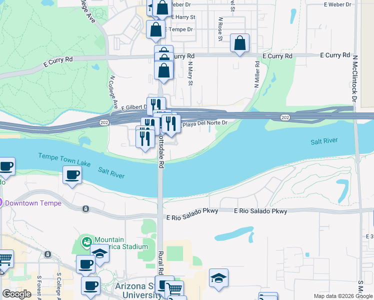 map of restaurants, bars, coffee shops, grocery stores, and more near 945 East Playa Del Norte Drive in Tempe