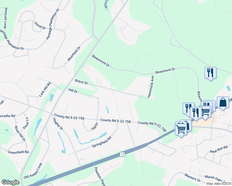 map of restaurants, bars, coffee shops, grocery stores, and more near 211 Brace Drive in Pawleys Island