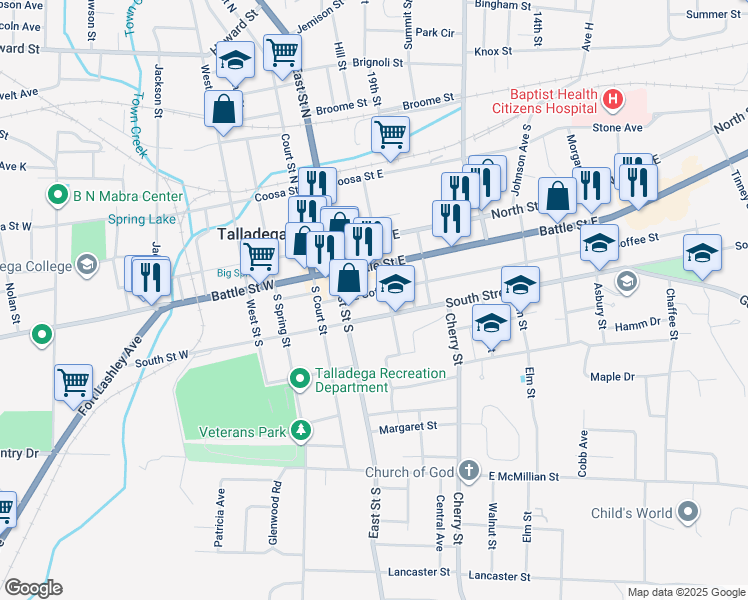 map of restaurants, bars, coffee shops, grocery stores, and more near 112 Ashland Highway in Talladega