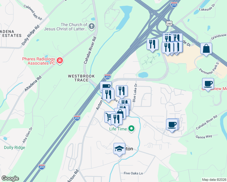 map of restaurants, bars, coffee shops, grocery stores, and more near 4700 Colonnade Parkway in Birmingham
