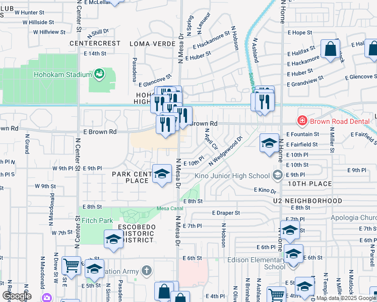 map of restaurants, bars, coffee shops, grocery stores, and more near 422 East Fairfield Street in Mesa