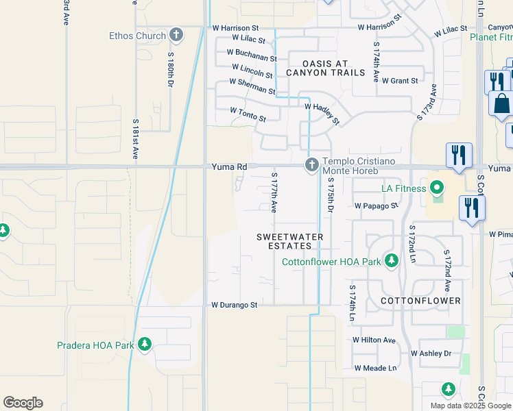 map of restaurants, bars, coffee shops, grocery stores, and more near 1526 South 177th Avenue in Goodyear