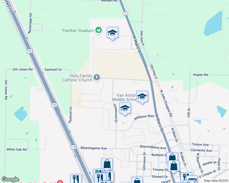 map of restaurants, bars, coffee shops, grocery stores, and more near 712 Maple Circle in Van Alstyne