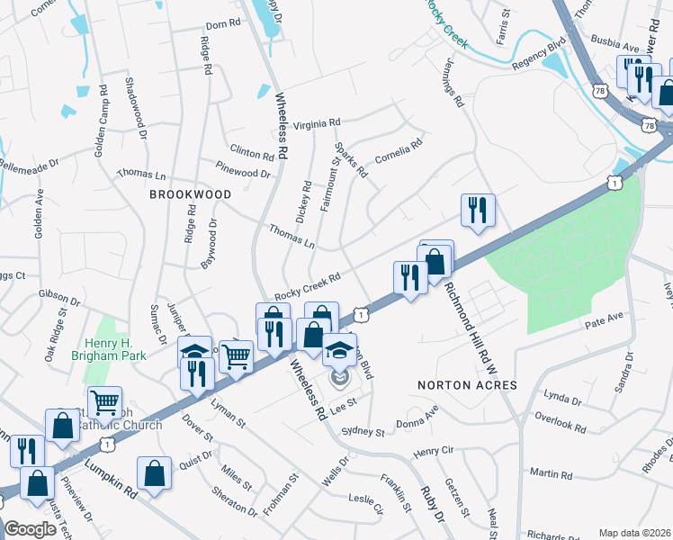 map of restaurants, bars, coffee shops, grocery stores, and more near 2909 Rocky Creek Road in Augusta