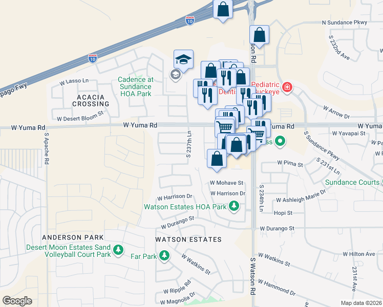 map of restaurants, bars, coffee shops, grocery stores, and more near 1445 South 237th Lane in Buckeye