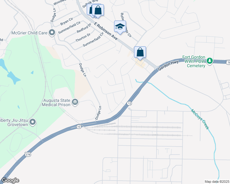 map of restaurants, bars, coffee shops, grocery stores, and more near 1327 York Drive in Grovetown