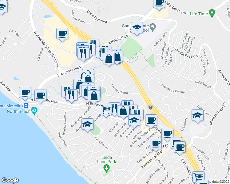 map of restaurants, bars, coffee shops, grocery stores, and more near 144 Avenida Sierra in San Clemente