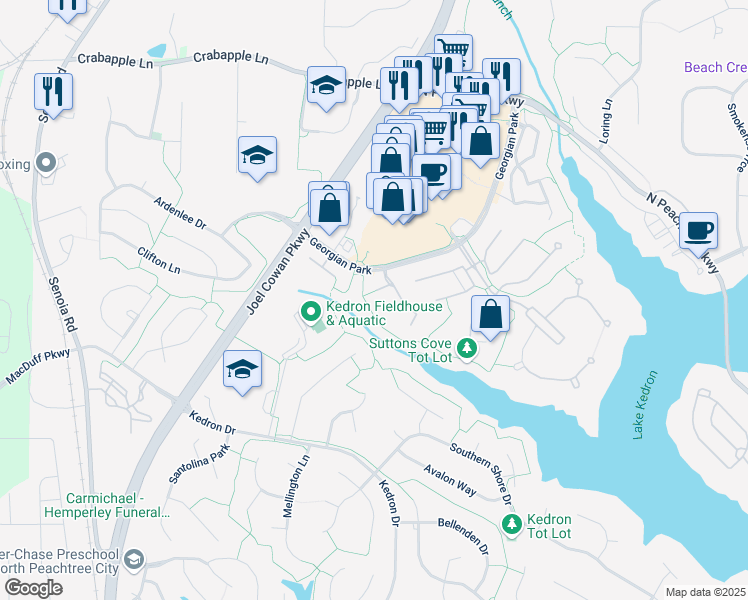 map of restaurants, bars, coffee shops, grocery stores, and more near 211 Saint Simons Cove in Peachtree City