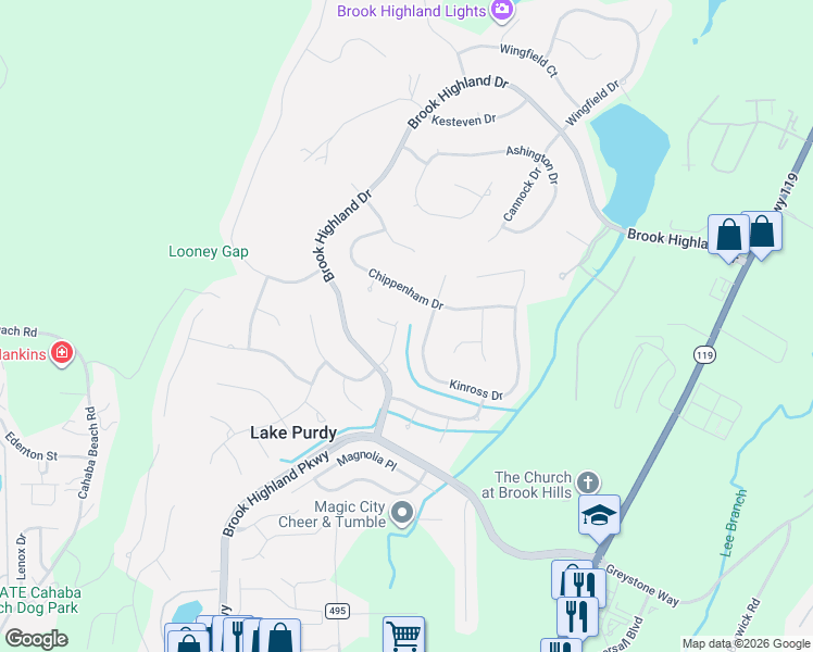 map of restaurants, bars, coffee shops, grocery stores, and more near 3321 Brook Highland Circle in Birmingham