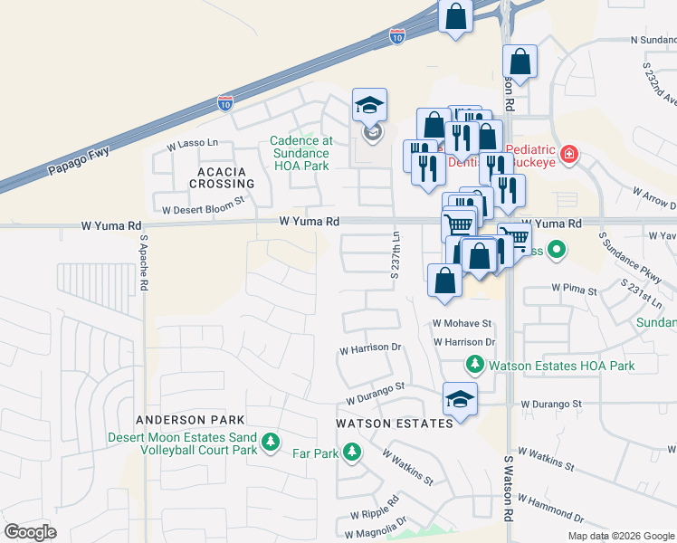 map of restaurants, bars, coffee shops, grocery stores, and more near 1428 South 238th Lane in Buckeye