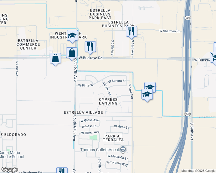 map of restaurants, bars, coffee shops, grocery stores, and more near 6421 West Cocopah Street in Phoenix