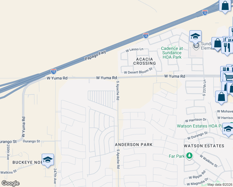 map of restaurants, bars, coffee shops, grocery stores, and more near 2001-2073 S Apache Rd in Buckeye