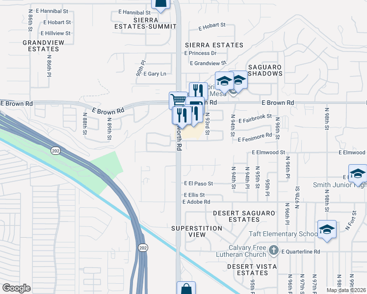 map of restaurants, bars, coffee shops, grocery stores, and more near 1007 North 92nd Circle in Mesa