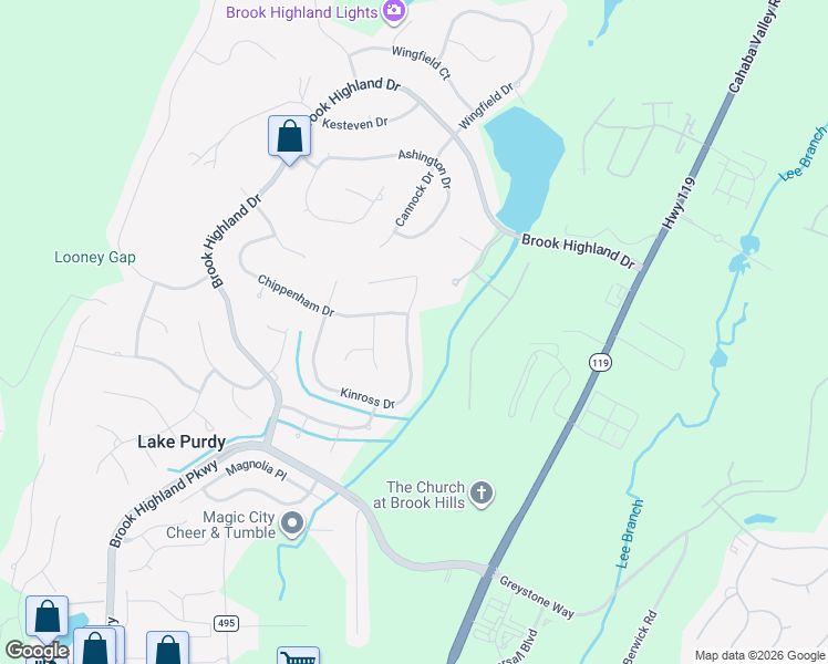 map of restaurants, bars, coffee shops, grocery stores, and more near 3841 Kinross Drive in Birmingham