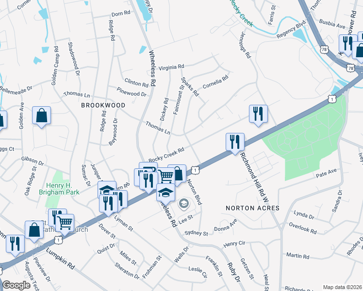 map of restaurants, bars, coffee shops, grocery stores, and more near 2909 Rocky Creek Road in Augusta