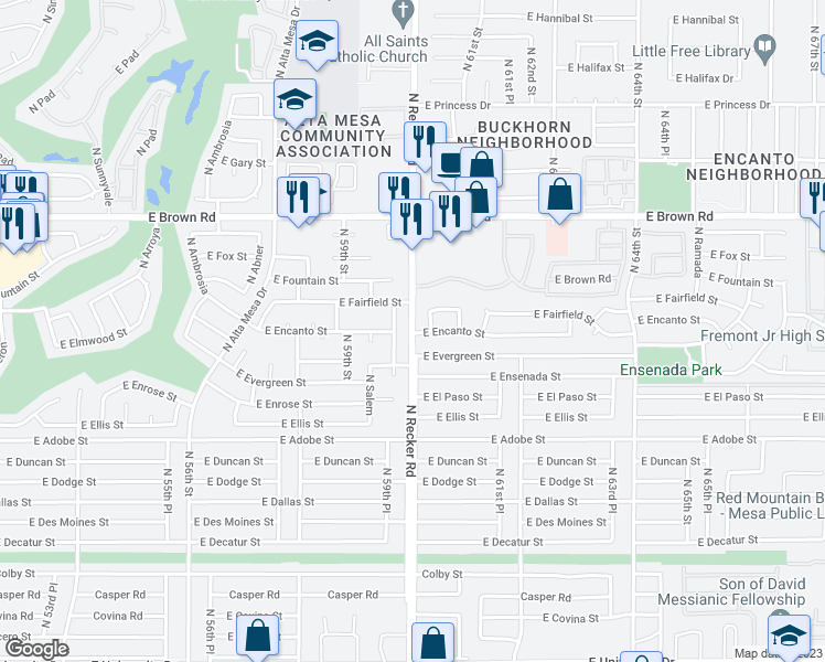 map of restaurants, bars, coffee shops, grocery stores, and more near 1022 North Recker Road in Mesa