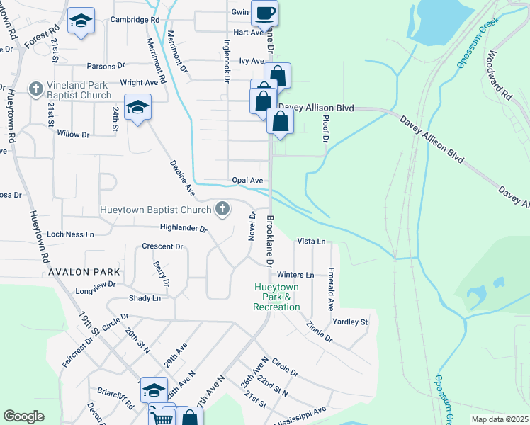 map of restaurants, bars, coffee shops, grocery stores, and more near 2847 Novel Drive in Hueytown