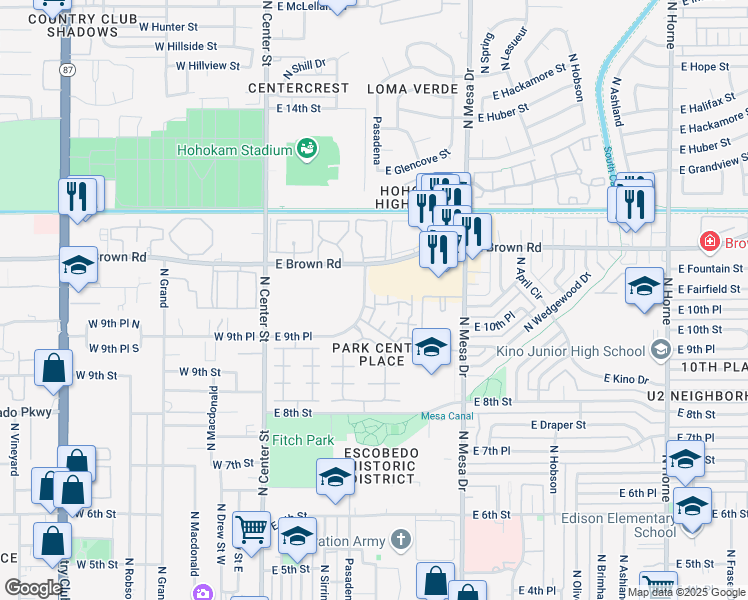 map of restaurants, bars, coffee shops, grocery stores, and more near 1001 North Pasadena in Mesa