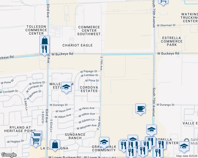 map of restaurants, bars, coffee shops, grocery stores, and more near 7910 West Pima Street in Phoenix