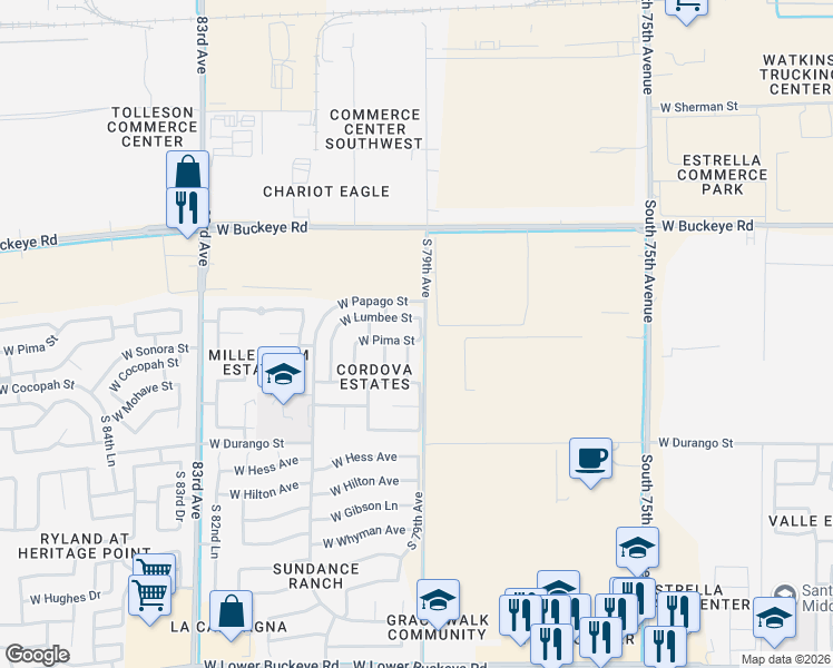 map of restaurants, bars, coffee shops, grocery stores, and more near 7910 West Pima Street in Phoenix