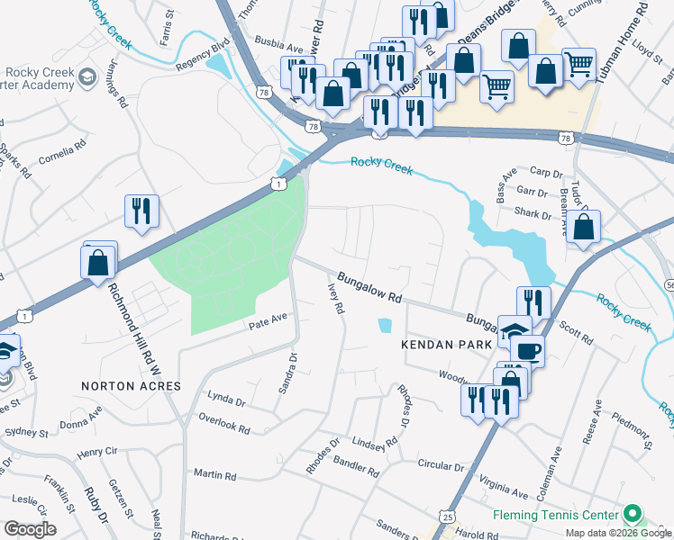 map of restaurants, bars, coffee shops, grocery stores, and more near 2230 Bungalow Road in Augusta