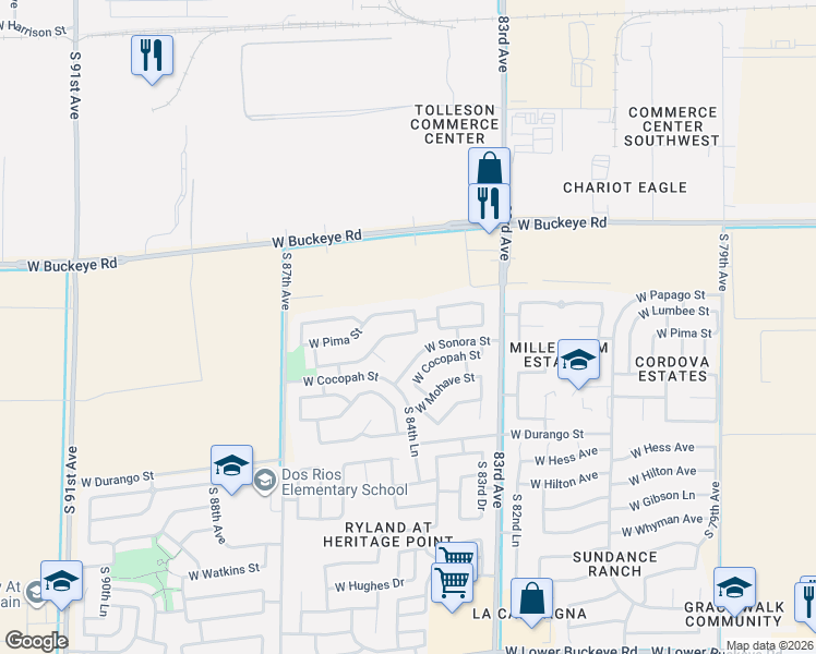 map of restaurants, bars, coffee shops, grocery stores, and more near 8406 West Sonora Street in Tolleson